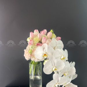 Hoa Cưới Thác Đổ Lan Hồ Điệp Trắng Mix Tulip Hồng A187