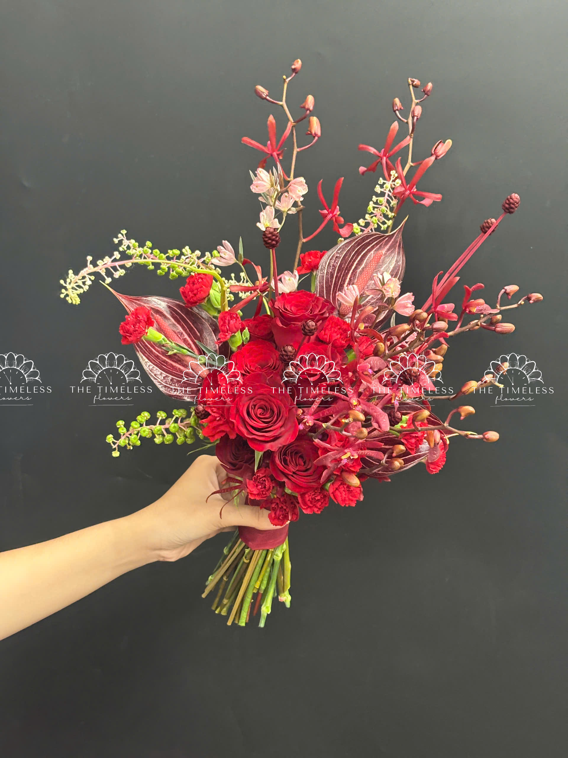 Bó hoa cưới Lan Ren red và Hồng môn A447