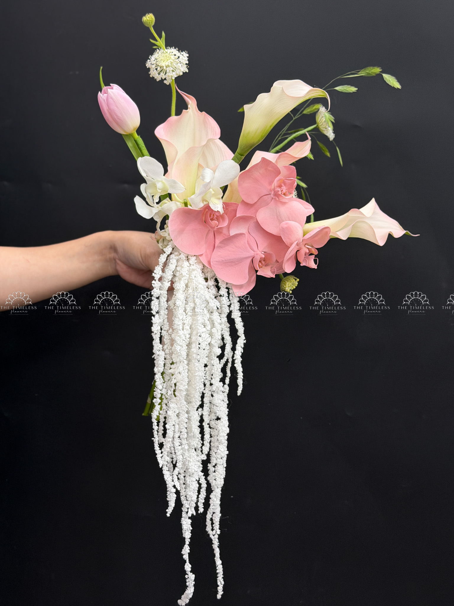 Hoa Cưới 5 Calla lily hồng mix tulip và Lan Hồ Điệp A460