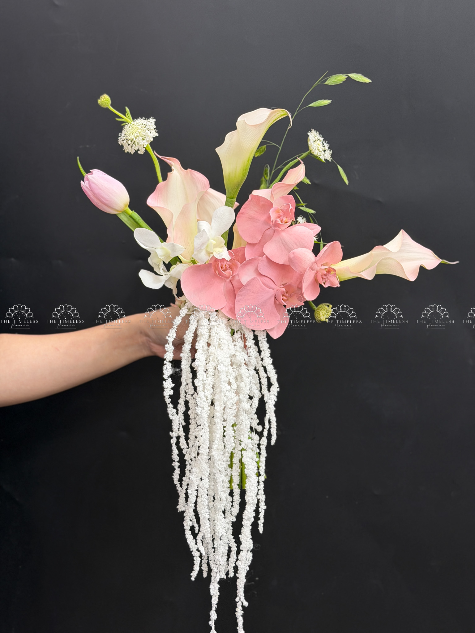 Hoa Cưới 5 Calla lily hồng mix tulip và Lan Hồ Điệp A460