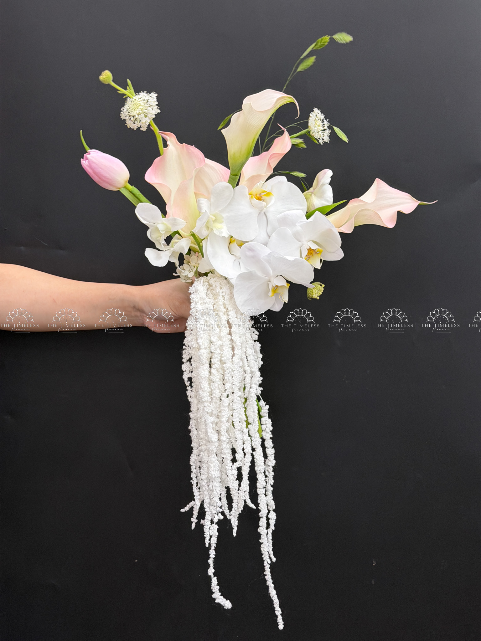 Hoa Cưới 5 Calla lily hồng mix tulip và Lan Hồ Điệp A460